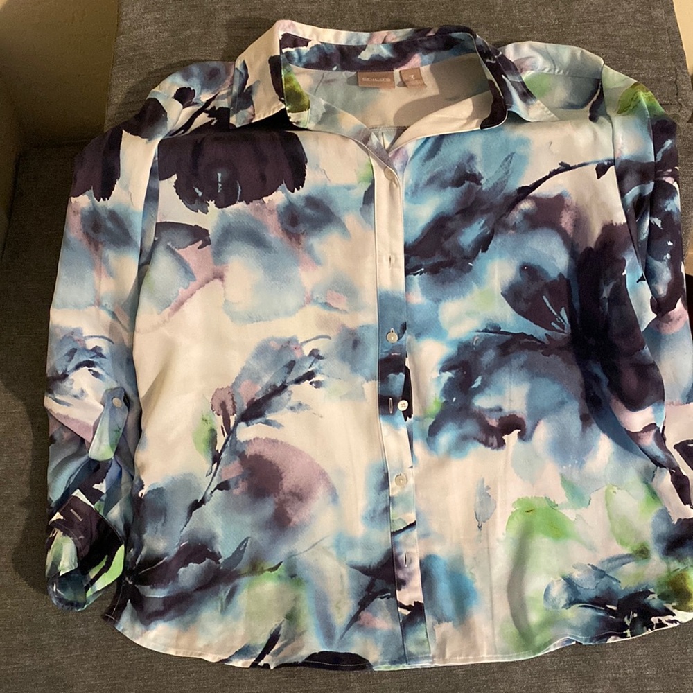Chico’s Blue & Green Watercolor Button Down Blouse